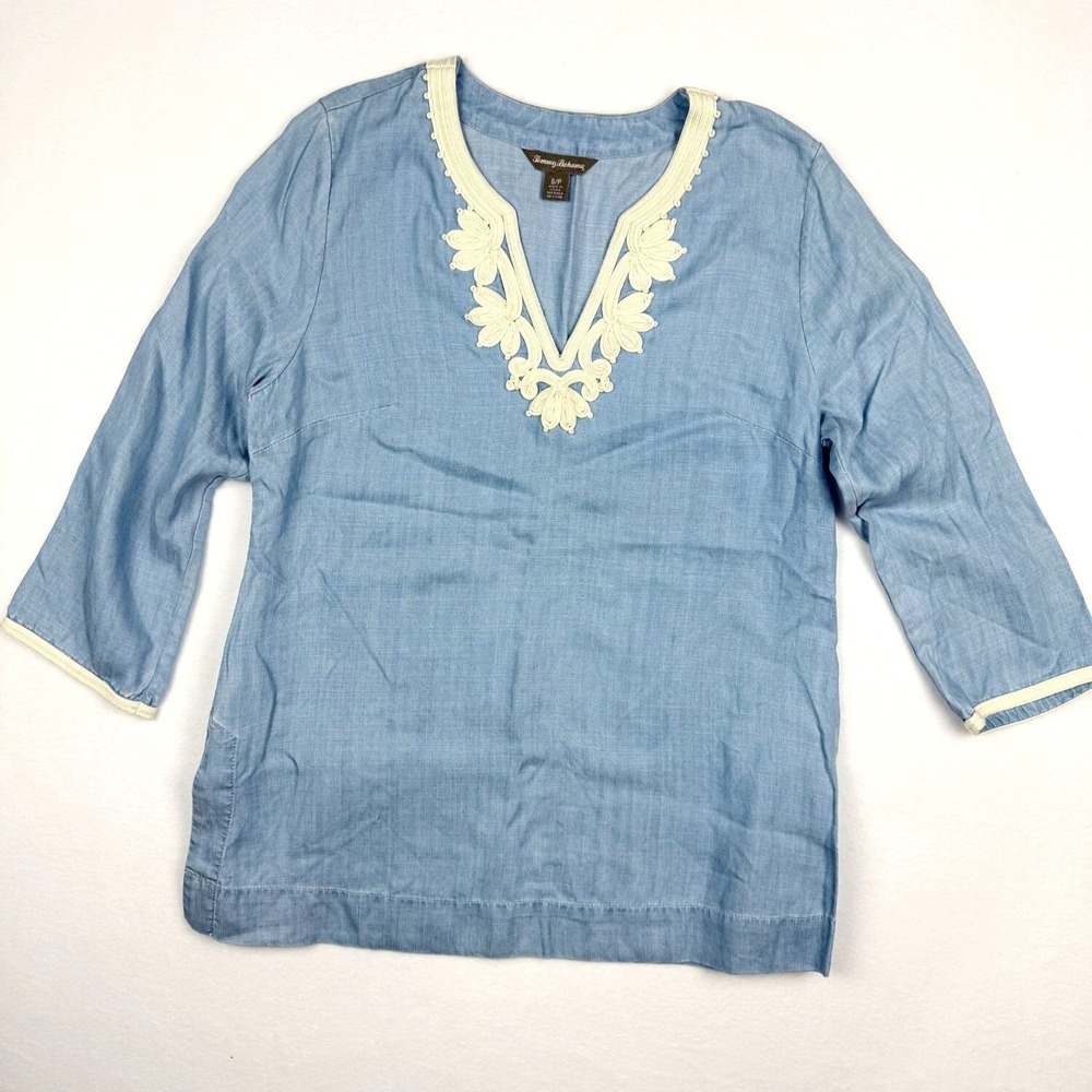 Tommy Bahama Chambray Embroidered Tunic Top Tencel Size S Womens Blue V Neck‎